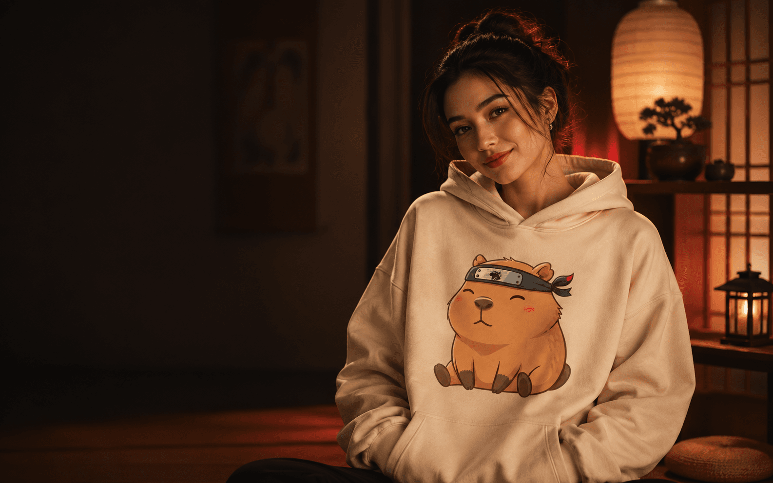 Chibi Bara Hoodie worn in a warm lantern-lit dojo
